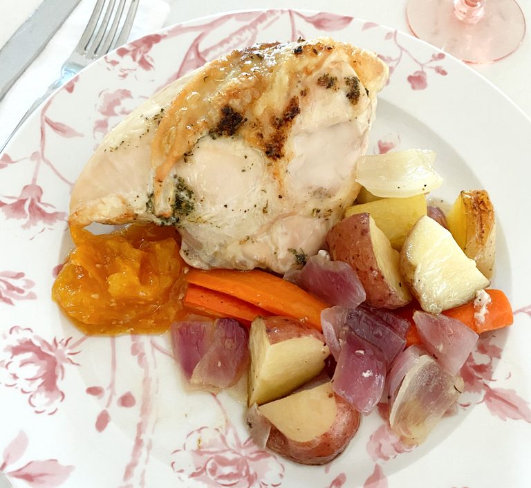 Roasted Chicken with Vegetables and Yellow Pear Tomato Jam.